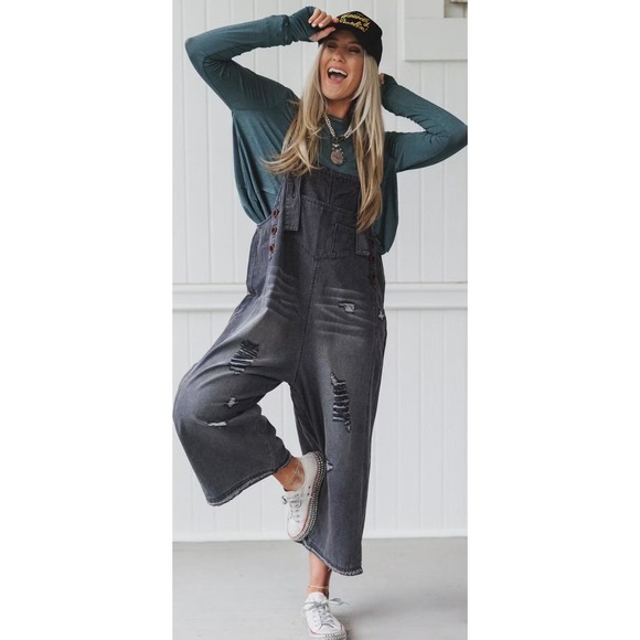 Three Bird Nest Pants - Three bird nest high hopes slouchy denim overalls grey size large